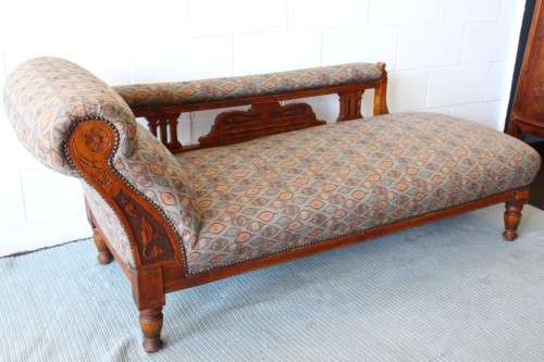 **RS17_Clearance** Edwardian solid teak hand carved rail-back upholstered Chaise Lounge