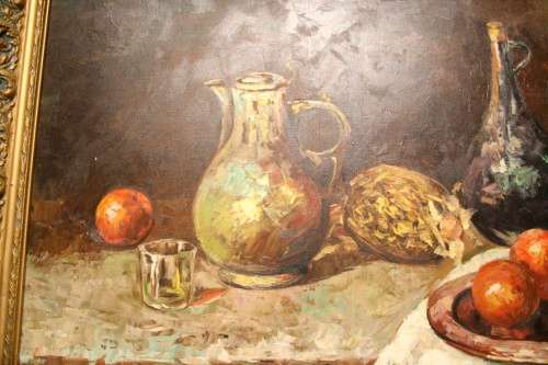 A beautiful large still life painting on canvas signed "Aaron" in a stunning frame.