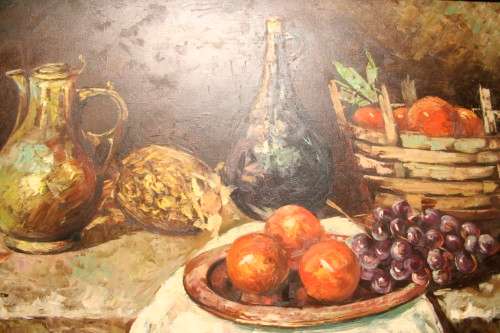 A beautiful large still life painting on canvas signed "Aaron" in a stunning frame.