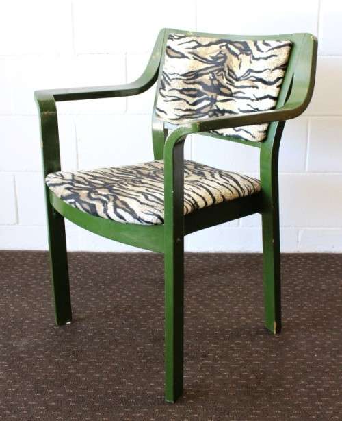 **RS17** A green painted yellow wood armchair with animal print & matching mid-century footrest