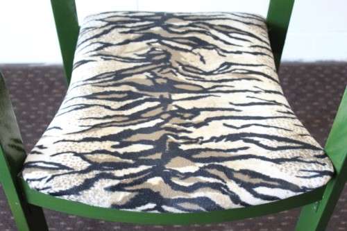 **RS17** A green painted yellow wood armchair with animal print & matching mid-century footrest