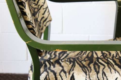 **RS17** A green painted yellow wood armchair with animal print & matching mid-century footrest