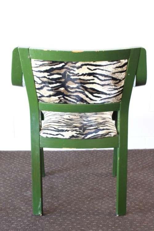 **RS17** A green painted yellow wood armchair with animal print & matching mid-century footrest