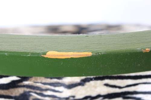 **RS17** A green painted yellow wood armchair with animal print & matching mid-century footrest