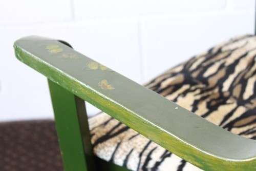 **RS17** A green painted yellow wood armchair with animal print & matching mid-century footrest