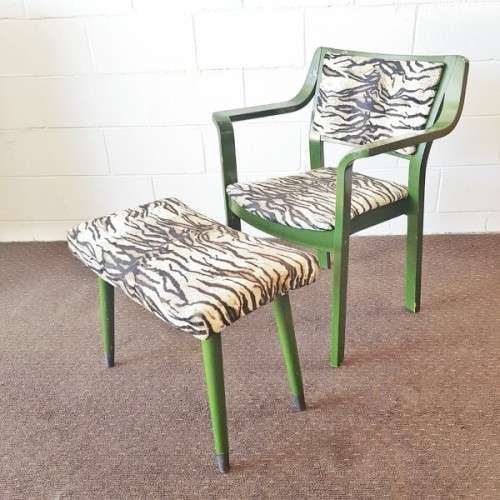 **RS17** A green painted yellow wood armchair with animal print & matching mid-century footrest