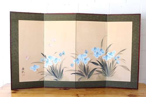 A wonderful four-part Japanese "Byobu" folding screen - hand painted - from the Showa period!!