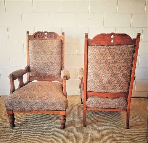 **RS17** Antique Edwardian solid teak hand carved & upholstered Bergere armchair on turned legs