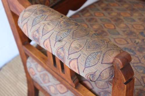 **RS17** Antique Edwardian solid teak hand carved & upholstered Bergere armchair on turned legs