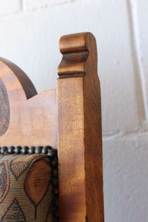**RS17** Antique Edwardian solid teak hand carved & upholstered Bergere armchair on turned legs