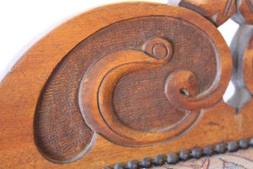 **RS17** Antique Edwardian solid teak hand carved & upholstered Bergere armchair on turned legs