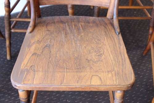 **RS17** An incredible collection of six assorted oak spindle-back dining chairs - one price for all