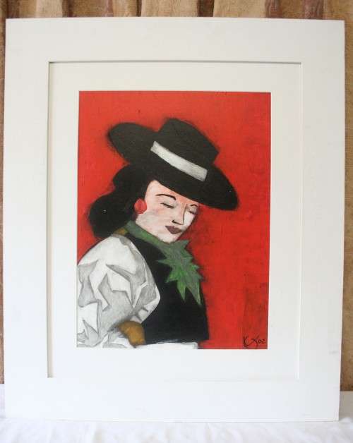 **RS17** A large and colourful original signed "Michaloo" oil painting of a Spanish lady with a hat