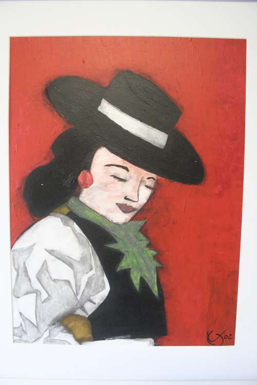 **RS17** A large and colourful original signed "Michaloo" oil painting of a Spanish lady with a hat