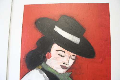 **RS17** A large and colourful original signed "Michaloo" oil painting of a Spanish lady with a hat
