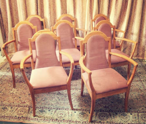 **RS17** 8 Yellow wood upholstered diningroom arm chairs, stylish and comfortable. Bid/chair