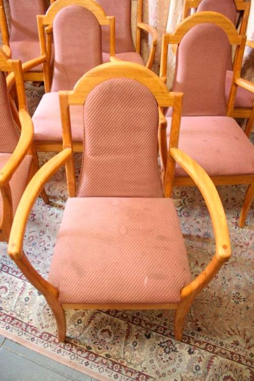 **RS17** 8 Yellow wood upholstered diningroom arm chairs, stylish and comfortable. Bid/chair