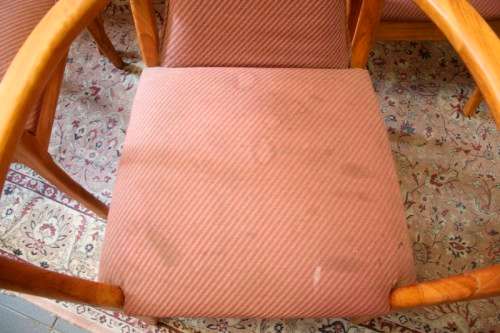 **RS17** 8 Yellow wood upholstered diningroom arm chairs, stylish and comfortable. Bid/chair