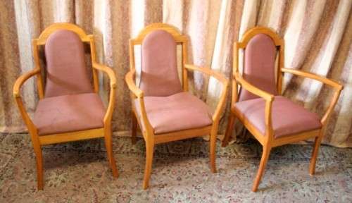 **RS17** 8 Yellow wood upholstered diningroom arm chairs, stylish and comfortable. Bid/chair