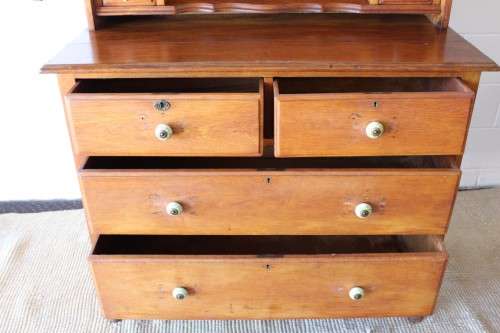An amazing vintage Oak 3-drawer dressing table with tri-folding mirrors and porcelain drawer handles