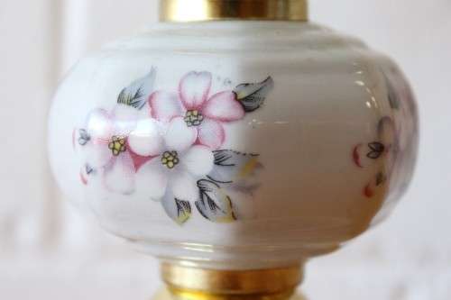 A lovely parlour table lamp with a glass panelled shade and brass-finished base - stunning on a desk