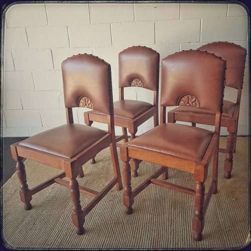 4x incredible vintage carved oak occasional dining chairs with faux leather seats - price per chair