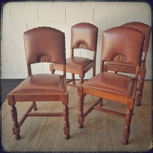 4x incredible vintage carved oak occasional dining chairs with faux leather seats - price per chair