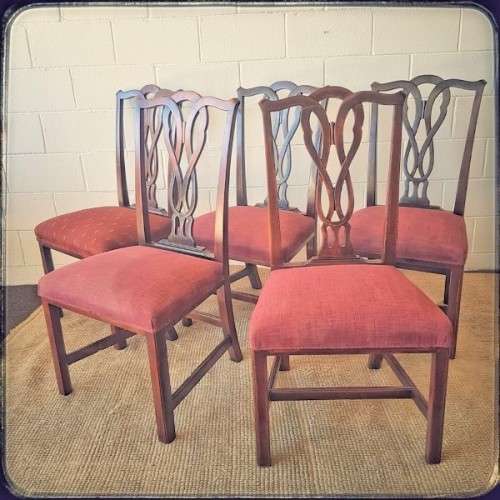 **RS17** An awesome set of five vintage upholstered carved Mahogany square-back dining chairs