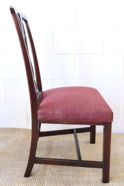 **RS17** An awesome set of five vintage upholstered carved Mahogany square-back dining chairs