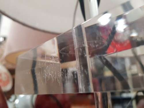 Awesome modern pair of "tiered" perspex lamps w/ red accentuating detailing & metallic silver shades