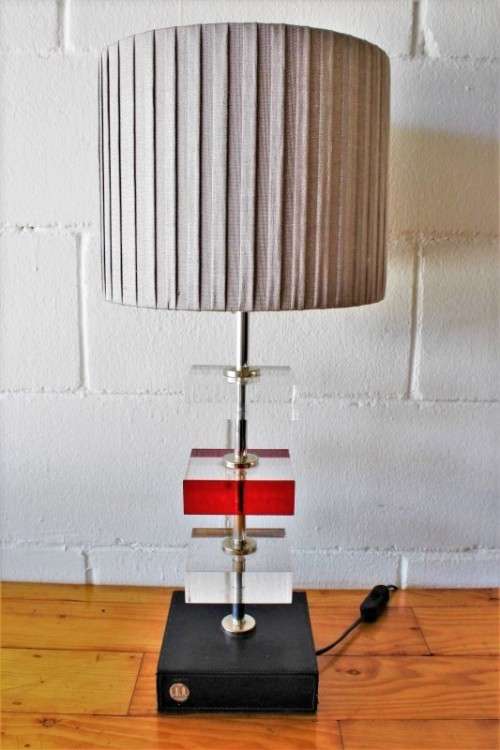 Awesome modern pair of "tiered" perspex lamps w/ red accentuating detailing & metallic silver shades