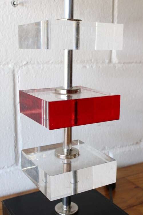 Awesome modern pair of "tiered" perspex lamps w/ red accentuating detailing & metallic silver shades