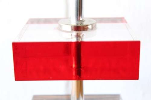 Awesome modern pair of "tiered" perspex lamps w/ red accentuating detailing & metallic silver shades