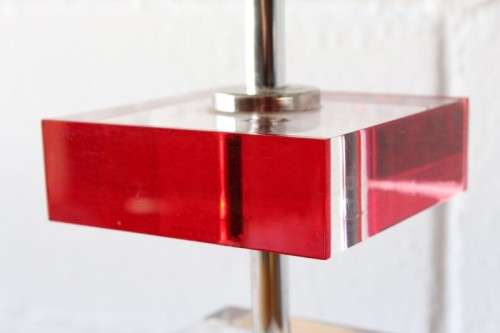 Awesome modern pair of "tiered" perspex lamps w/ red accentuating detailing & metallic silver shades
