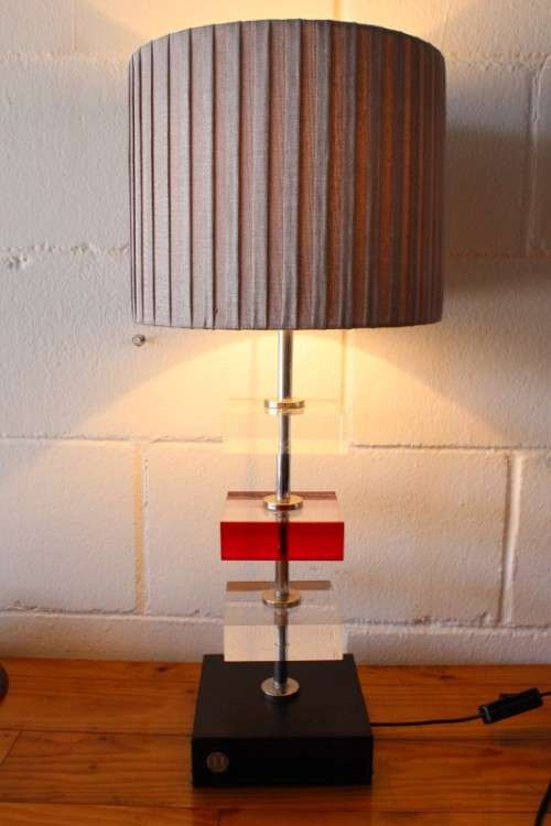 Awesome modern pair of "tiered" perspex lamps w/ red accentuating detailing & metallic silver shades