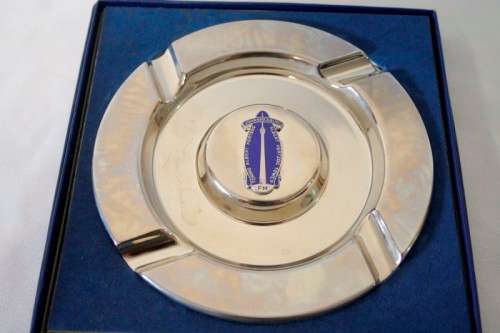 **RS17** A superb vintage metal Albert Hertzog Tower memento ashtray in its original box.