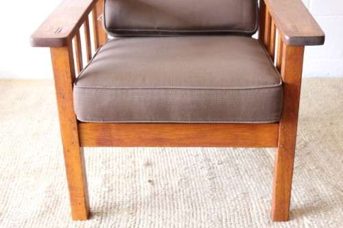 Stunning vintage solid oak Morris chair w upholstered cushions in a brown fabric price chair
