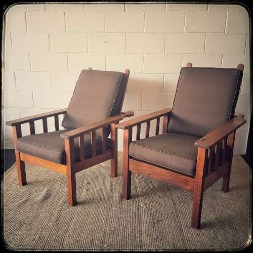 Stunning vintage solid oak Morris chair w/ upholstered cushions in a brown fabric - price/ chair
