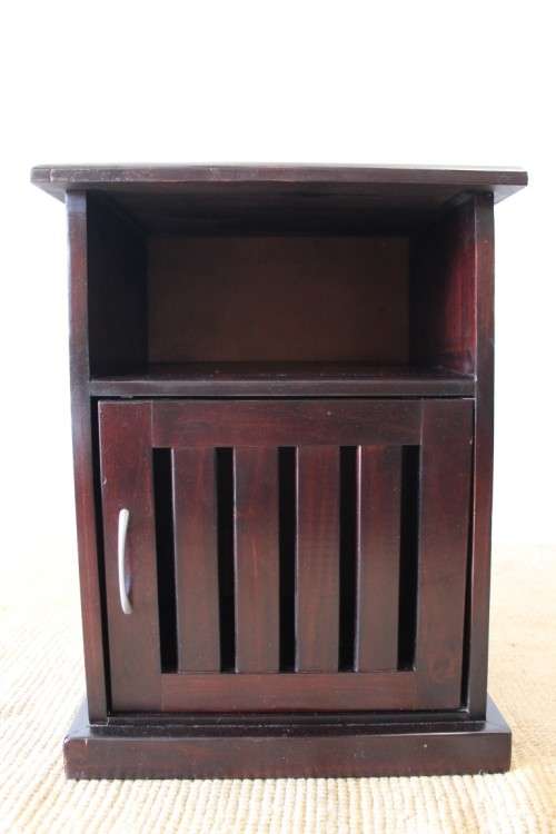 A modern pair of stylish dark wooden bedside pedestals with single doors and uncomplicated design!!