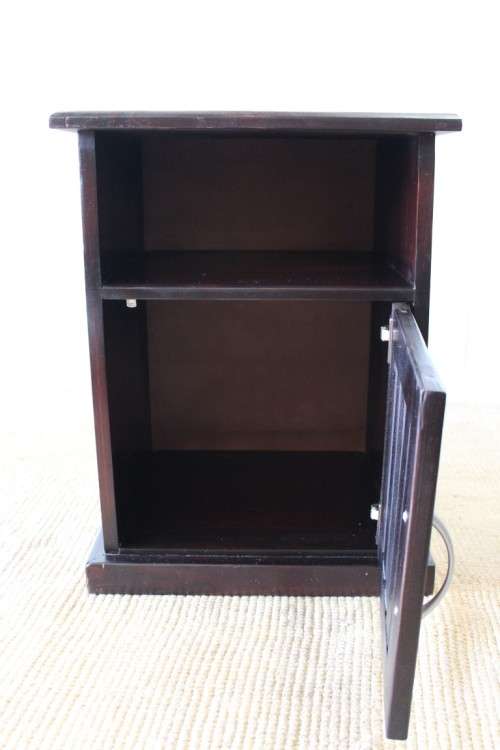 A modern pair of stylish dark wooden bedside pedestals with single doors and uncomplicated design!!