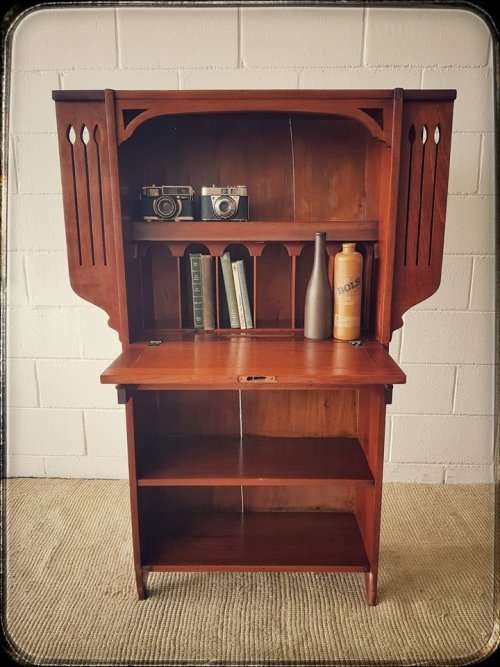 A magnificent unusual (c.1900) "Arts and Crafts Movement" solid Teak fall front writing bureau - WOW