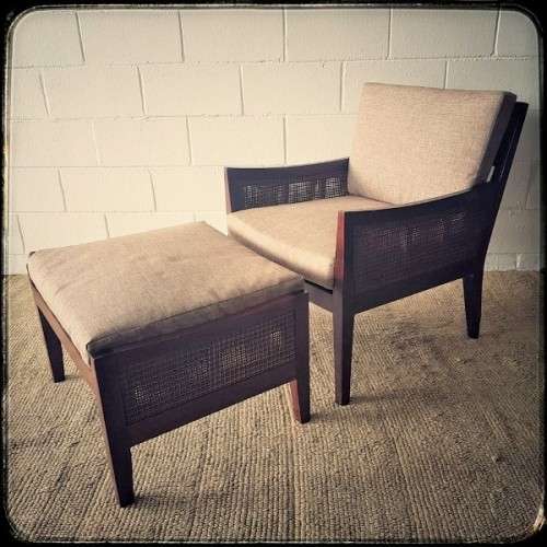 **RS17** A stylish solid mahogany & rattan armchair w/ matching ottoman with removable cushions
