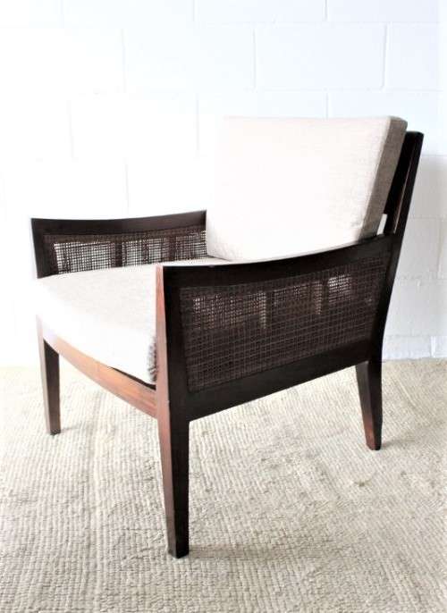 **RS17** A stylish solid mahogany & rattan armchair w/ matching ottoman with removable cushions