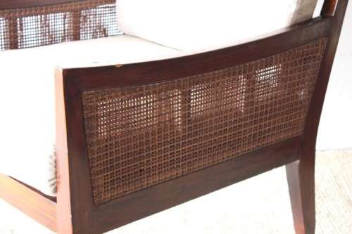 **RS17** A stylish solid mahogany & rattan armchair w/ matching ottoman with removable cushions