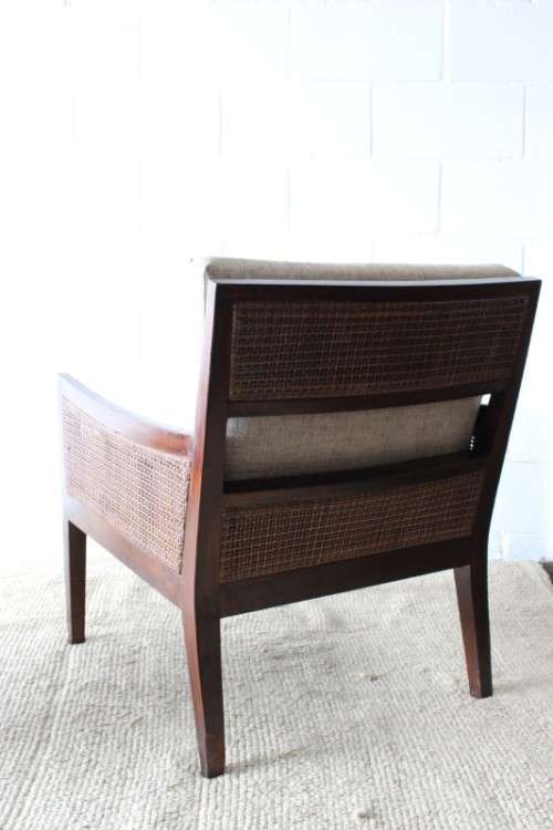 **RS17** A stylish solid mahogany & rattan armchair w/ matching ottoman with removable cushions