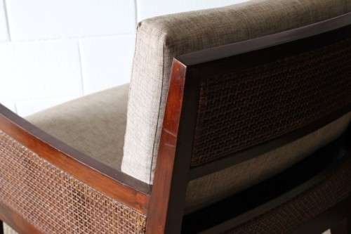 **RS17** A stylish solid mahogany & rattan armchair w/ matching ottoman with removable cushions