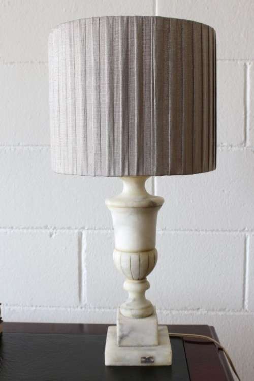 A wonderful vintage/ antique? white Italian marble table lamp with a silver/ grey fabric lamp shade