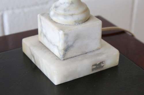 A wonderful vintage/ antique? white Italian marble table lamp with a silver/ grey fabric lamp shade