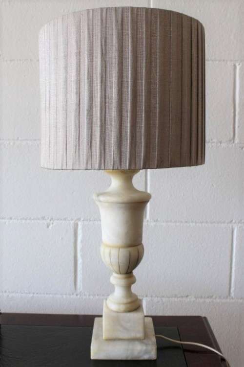 A wonderful vintage/ antique? white Italian marble table lamp with a silver/ grey fabric lamp shade