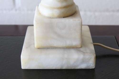 A wonderful vintage/ antique? white Italian marble table lamp with a silver/ grey fabric lamp shade